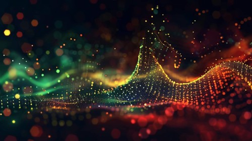 Colorful abstract digital art featuring bokeh dots and waves on a black background, AI generated