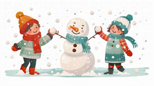 Two children having fun building a snowman and engaging in a snowball fight, in a playful winter