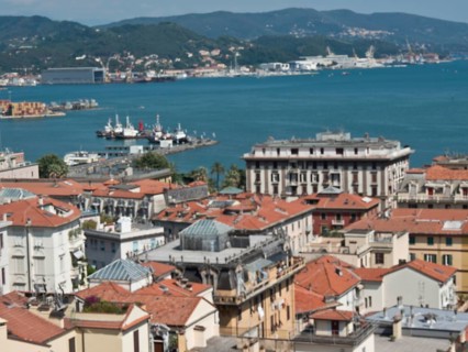 City view with red roofs, harbour, sea and surrounding hills on a clear day, Bari, Italy, Europe