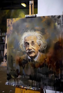 Oil-painted portrait of the physicist Albert Einstein, stands on a staggered floor, modern