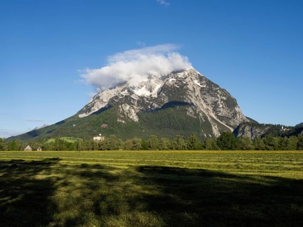 Freshly mown meadow, behind the Grimming in the morning light, near Irdning, Styria, Austria,