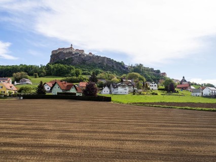 Farmland, Riegersburg Castle in the background, near Riegersburg, Styria, Austria, Europe