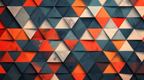 Abstract geometric pattern with triangles in orange and blue, creating a textured, repetitive