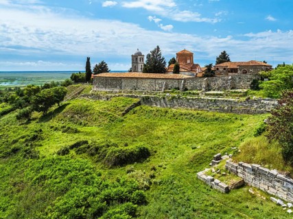 Apollonia Archaeological Park from a drone, Pojan, Albania, Europe