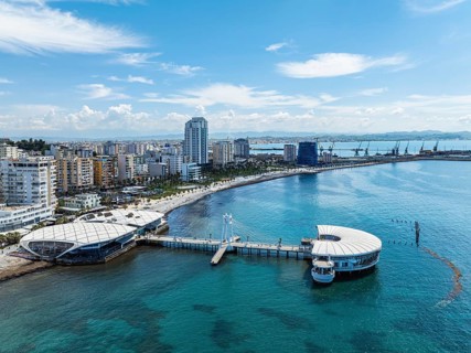 Pier and Promenade in Durres from a drone, Adriatic Sea, Albania, Europe
