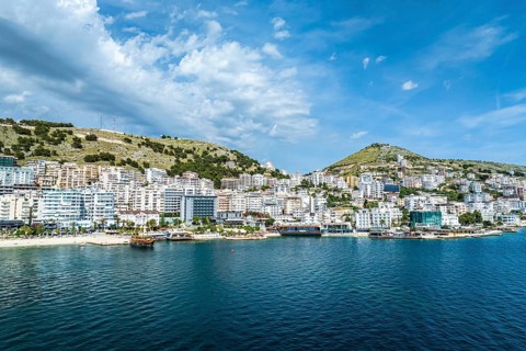 Saranda from a drone, Albanian Riviera, Albania, Europe