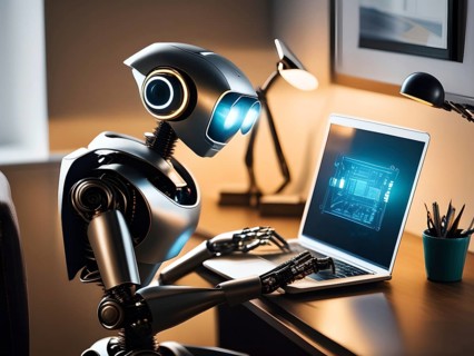 Android, robot writing on a laptop in the home office, symbolic image artificial intelligence