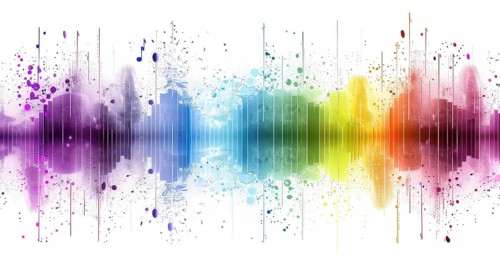 Abstract sound wave with rainbow colors and paint splatters on a white background, AI generated