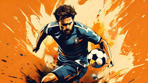 Abstract vintage grungy poster of a soccer player, AI generated
