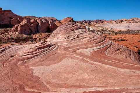 Layered rock formations along the Fire Wave Trail at Valley of Fire State Park near Overton,