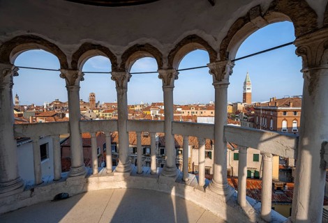 View of houses in Venice with campanile from the tower of Palazzo Contarini del Bovolo, palace with