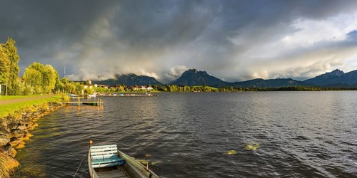 Rainbow, Hopfensee, behind it Hopfen am See and Ammergau Alps, near Fuessen, Ostallgaeu, Allgaeu,