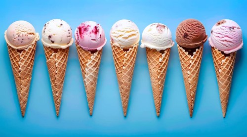 A row of ice cream cones with different flavors, AI generated