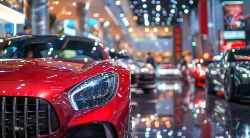 New luxury car models on display at car salon for buyers to buy and test drive, AI generated