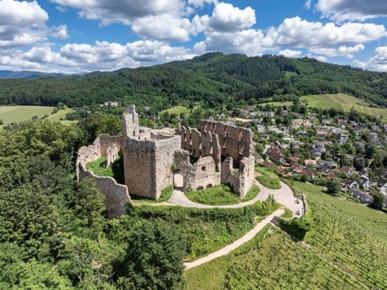 Aerial view of Staufen Castle, on a vineyard, Schlossberg, Staufen im Breisgau, Markgraeflerland,
