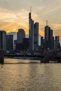 Skyline and banking district at sunset, twilight, Tower 185, Commerzbank, HelaBa, Hessische
