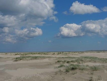 Open coastal landscape with sandy beach and a sky full of clouds over the sea, Baltrum Germany