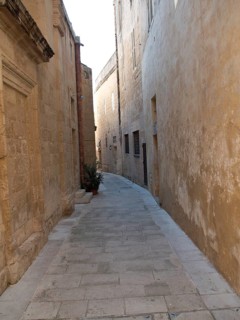 A narrow lane with stone buildings and a cobbled path, quiet and shady, the village of mdina on the