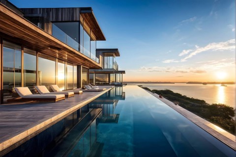 Luxurious wooden house with swimming pool reflecting the opulence of billionaires nestled in