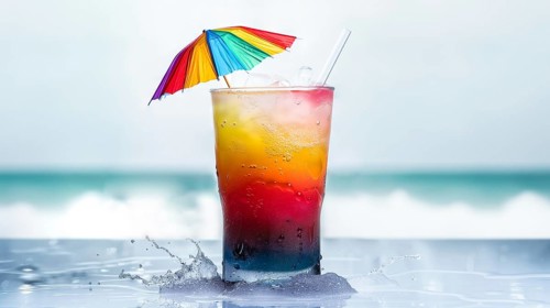 A glass of drink with a straw and a red umbrella on top, placed on a table by the ocean, AI