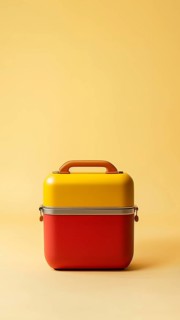 A red and yellow portable cooler over yellow background. Vertical shot, AI generated