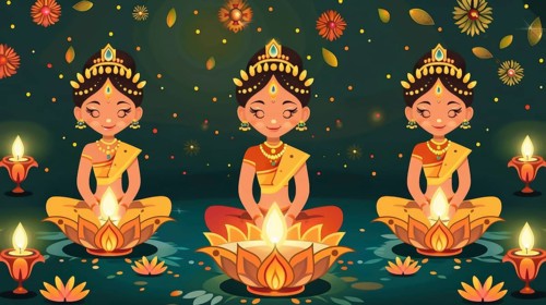 Three women in traditional attire with oil lamps in a festive, flower-filled nighttime setting, AI