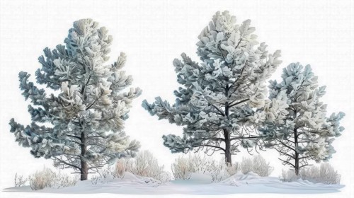Snow-covered pine trees in a calm winter landscape, evoking a peaceful and cold mood in watercolor