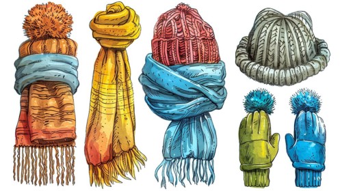 Various colorful winter clothing items including scarves, gloves, and beanies, AI generated