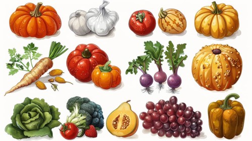 A selection of realistic vegetables and fruits including pumpkins, garlic, tomatoes, radishes,