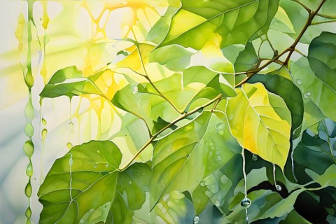 Abstract digital painting embodying sustainability with intertwining leaves glisten with water