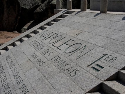 Close-up of a memorial stone with engraved Napoleon lettering and stone pattern, Corsica, Ajaccio,