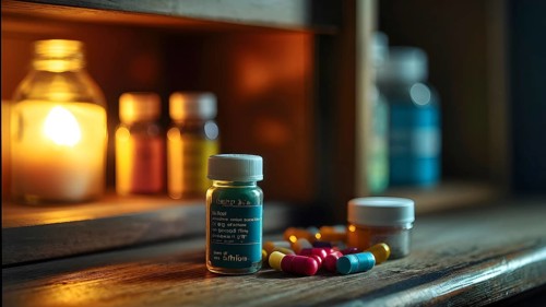 Glass bottle filled with assorted colored painkiller pills, AI generated