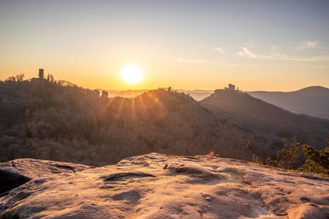 View of Trifels Castle, from Engels Landing rock, with the young tower in autumn at sunset.