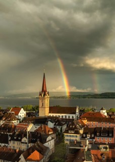 Aerial view of the town of Radolfzell on Lake Constance with the Radolfzell Minster in front of
