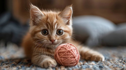 An orange-furred kitten with big eyes plays with a yarn ball in a cozy home environment, AI