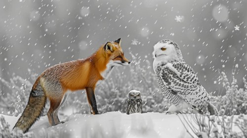 A red fox and two snowy owls interact in a snowy landscape, creating a serene winter wildlife