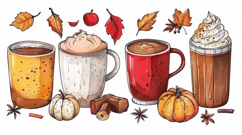 Illustration of different coffee cups garnished with autumn flavors and decorations like leaves,