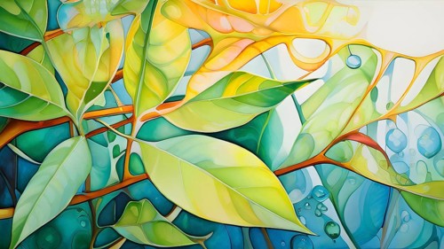 Abstract digital painting embodying sustainability with intertwining leaves glisten with water