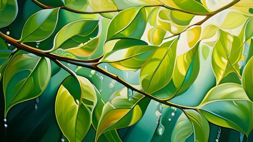Abstract digital painting embodying sustainability with intertwining leaves glisten with water