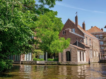 Historic buildings and willow trees along a river on a sunny day, historic city by the river with