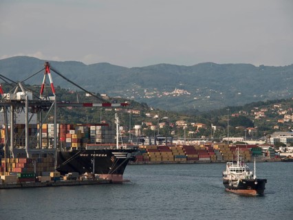 Industrial harbour with container ships and cranes in front of a mountain landscape, Bari, Italy,