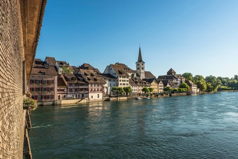 View from the historic wooden bridge over the Rhine to the old town centre of Diessenhofen, Canton