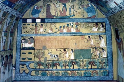 Deir el-Medina, wall painting in the tomb of Sennodjem, depiction of Sennodjem and his woman