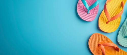 Multi-colored beach flip flops over bue background with copy-space. Summer concept, IA generated,