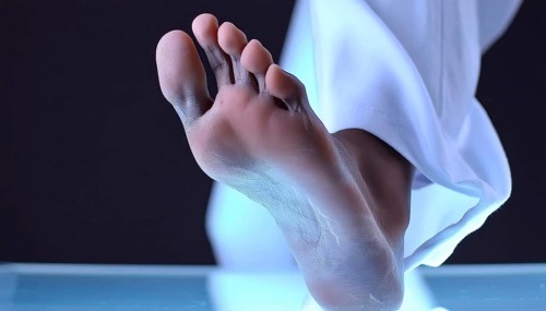 Close-up of a foot on a reflective surface in bright light, sole of the foot, AI generated, AI