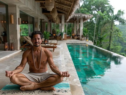 Ein Mann meditiert vor einem Infinity-Pool in einem tropischen Resort, umgeben von ueppiger