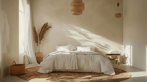 Modern bedroom interior with double bed and decor, AI generated