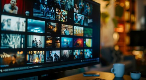 Digital streaming platform with movies and series on large TV screen, AI generated