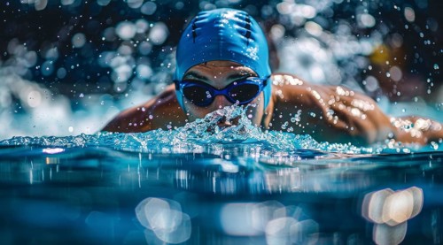 Competitive muscular athlete swim butterfly style in a pool. Concept of leadership and power, AI