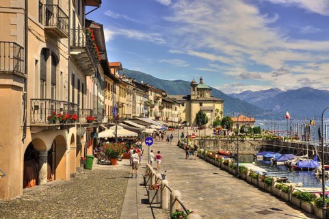 Beautiful Old Town on the Waterfront to Lake Maggiore with Mountain in a Sunny Day in Cannobio,